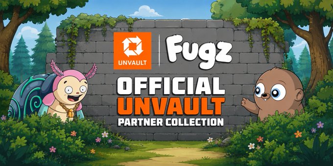 Promotional graphic for 'Fugz' NFT collection as an Official Unvault Partner Collection, featuring cartoon characters including a pink-haired axolotl and a brown creature in a forest setting.