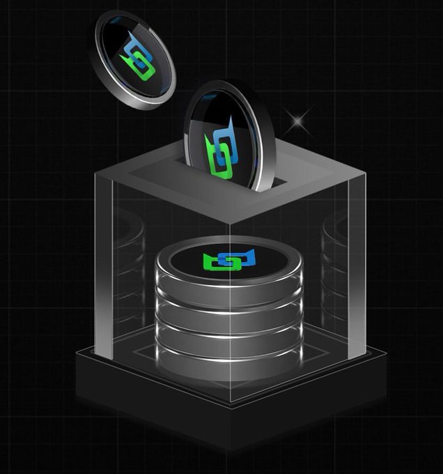 A 3D digital illustration of silver coins with a green and blue logo raining down into a transparent vault/case against a dark grid background.
