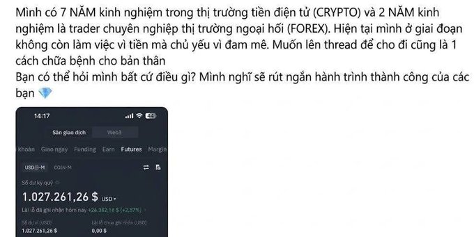 A social media post in Vietnamese claiming 7 years of experience in crypto and 2 years in Forex trading, with a Binance screenshot showing a balance of 1,027,261.26 USD.