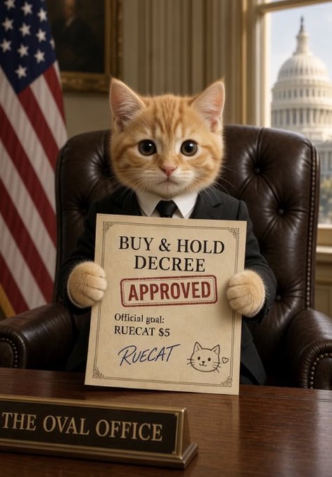 An AI-generated image shows an orange cat wearing a black suit, sitting in a leather chair at the Oval Office desk, holding a document titled 'BUY & HOLD DECREE' marked 'APPROVED' with an 'Official goal: RUECAT $5' and a 'RUECAT' signature.