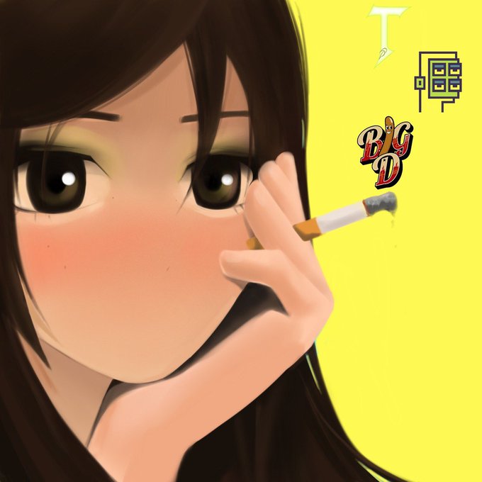An anime-style illustration of a brown-haired girl with flushed cheeks holding a cigarette, with logos for 'T', 'Just', and 'Big D' visible in the upper right corner.
