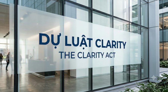 An office building window display featuring the text 'DỰ LUẬT CLARITY' (Vietnamese) and 'THE CLARITY ACT' in blue lettering on a frosted glass panel.