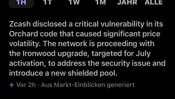 The image shows a screenshot of an email message with German text, including information about a vulnerability in the Orchard code that caused significant price volatility. The email also mentions a new shielded pool being introduced for July, targeting the Ironwood upgrade.