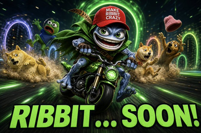 A promotional image for a meme coin featuring a frog character wearing a 'MAKE RIBBIT CRAZY' red cap riding a motorcycle, with the text 'RIBBIT... SOON!'