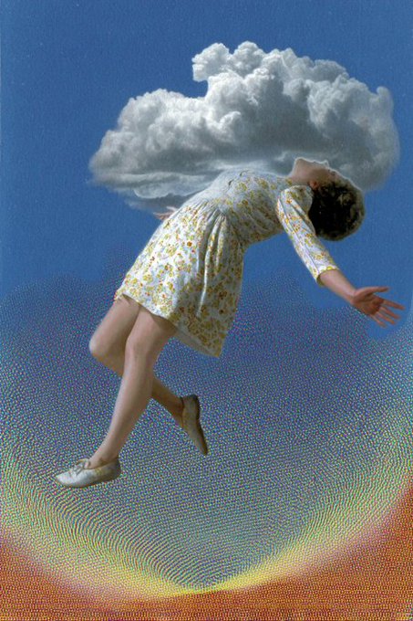 The image features a woman wearing a white dress with yellow flowers, who appears to be floating or flying through the air. The sky behind her is blue with clouds, creating an interesting contrast between the woman's position and the surrounding environment. The photo has been edited in such a way that it gives the impression of the woman being lifted off the ground by a cloud.