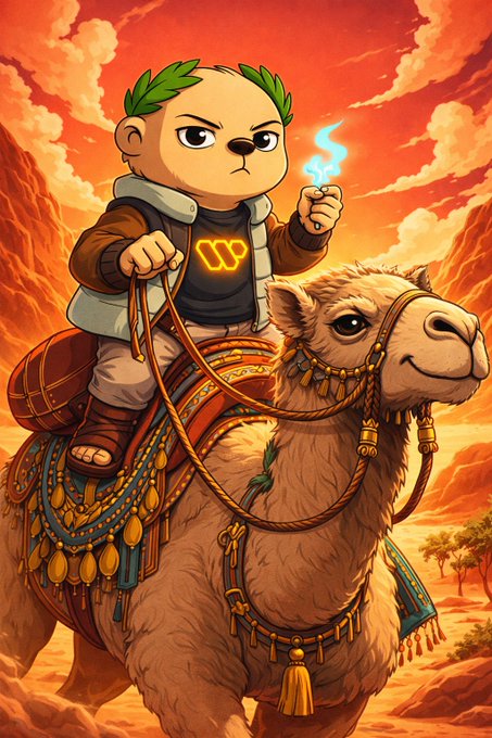The image features a cartoon character, possibly a monkey or a bear, riding a camel with a backpack while holding a cigarette. The scene takes place against an orange sky, which adds a vibrant touch to the overall composition of the picture. The caption above the image reads "gQuack, good evening There is a quiet shift happening in Web3 that most people are still missing @wallchain is not just talking about attention anymore the deeper layer is reputation routing who gets seen who gets trusted and who gets rewarded is slowly becoming a". This phrase seems to be related to the content of the image or the context behind it.

The image also includes a small bird, possibly a pigeon, which adds an interesting detail to the scene. The combination of these elements creates a visually appealing and thought-provoking piece that captures the viewer's attention.