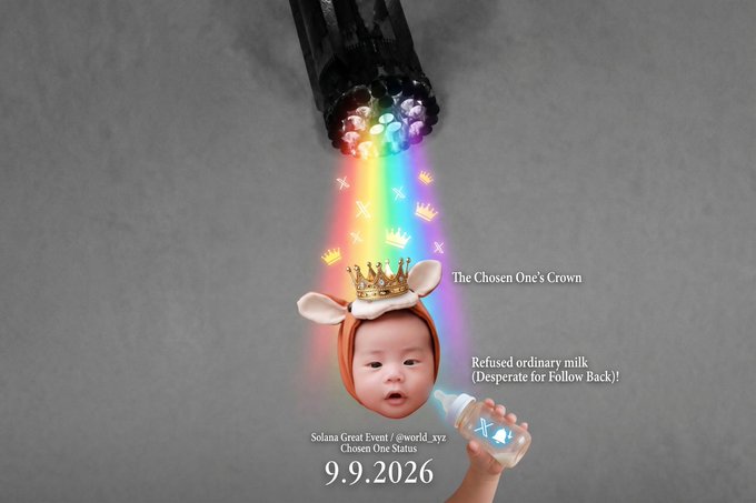 A surreal digital artwork featuring a baby wearing bunny ears and a crown, drinking from a baby bottle, illuminated by a rainbow beam shooting down from a UFO; text reads "The Chosen One's Crown," "Refused ordinary milk (Desperate for Follow Back!)", and "Solana Great Event / @world_xyz Chosen One Status 9.9.2026."