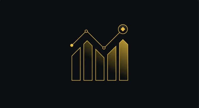 A minimalist gold line-art icon on a black background depicts a bar chart with a trend line and a diamond-shaped node.