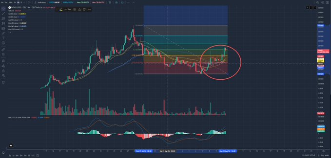 A TradingView chart displays the PONG/USD (PONS) daily candle chart, featuring a highlighted red circle around a breakout area above the yellow 20-day moving average, with Fibonacci retracement levels (0.786, 0.618, 0.5, 0.382, 0.236) and a MACD indicator below, visually confirming the post's claim of breaking initial resistance and targeting the 0.618 level near $0.047.