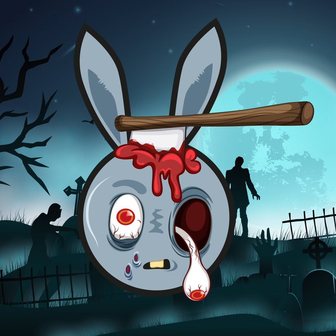 A creepy cartoon bunny character with a bloodied eye, a bloody wooden stick on its head, and a bullet wound, set against a graveyard scene with zombies and a full moon.
