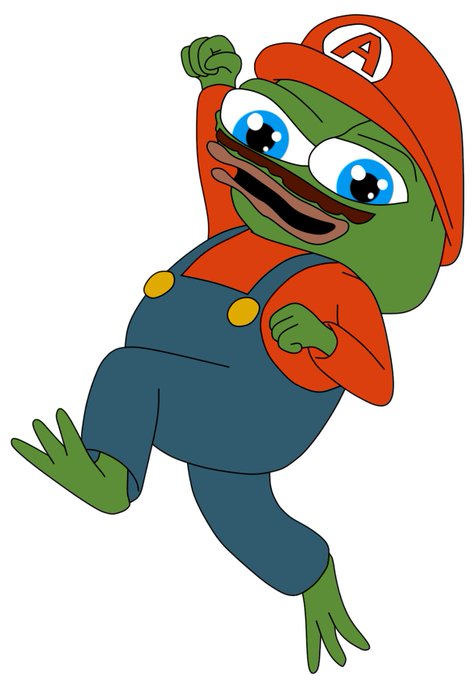 The image shows a cartoon frog wearing a red cap with a white "A" emblem, blue overalls, and a red shirt, posed in a heroic, action-ready stance with one fist raised. 

The character resembles a frog version of a famous video game plumber hero, which playfully ties to the post's mention of "PLUMBERS" as a memecoin project.