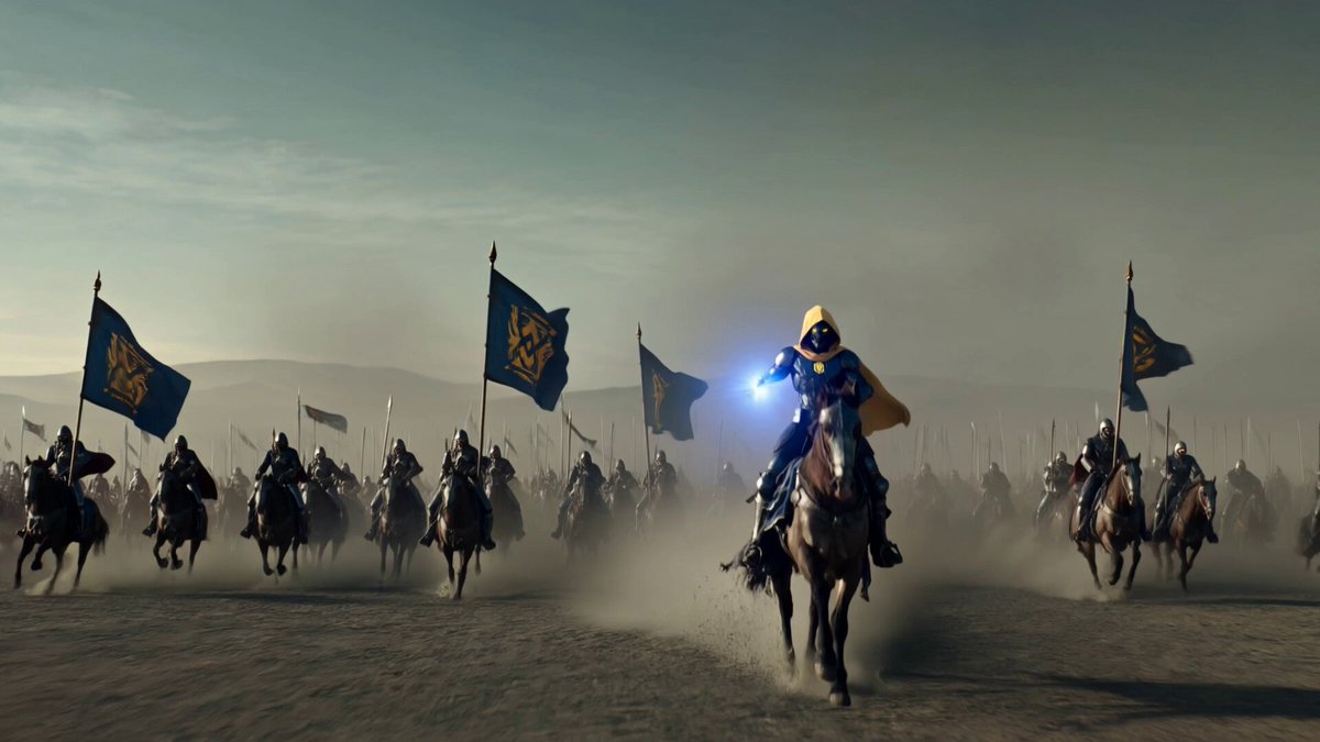 In the image, a group of people are riding horses across a desert-like landscape with flags fluttering behind them. The riders appear to be soldiers, possibly part of an army or a royal court. They are moving forward together as a cohesive unit, demonstrating unity and determination in their march. The presence of multiple horses and riders suggests that this could be a historical reenactment or a military parade, with the flags fluttering behind them symbolizing their shared purpose and commitment to their cause.

The image also includes a caption that reads "@CaptainBNB_bsc royal army always moving forward, never faltering or stopping, always believing and fighting for the same goal together". This phrase emphasizes the importance of teamwork and unity in achieving success, which is evident from the group's coordinated movement across the desert-like landscape.

Overall, the image conveys a sense of camaraderie and determination among the soldiers as they march forward together, united by their shared purpose or mission.