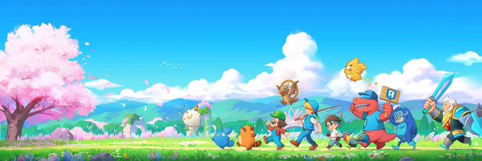 A colorful cartoon illustration depicting various characters running through a grassy field with cherry blossoms on the left and mountains under a bright blue sky.