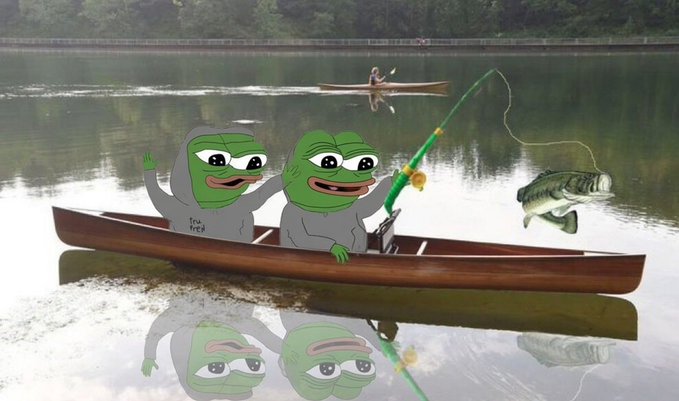 Meme-style photo of two Pepe the Frog characters canoeing on a lake, with one fishing up a bass, and a real person canoeing in the background.
