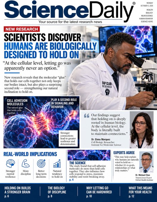 Front page of a fictional 'Science Daily' magazine dated October 5, 2025, headlining 'SCIENTISTS DISCOVER HUMANS ARE BIOLOGICALLY DESIGNED TO HOLD ON' with sub-stories on cell adhesion molecules and mental resilience.