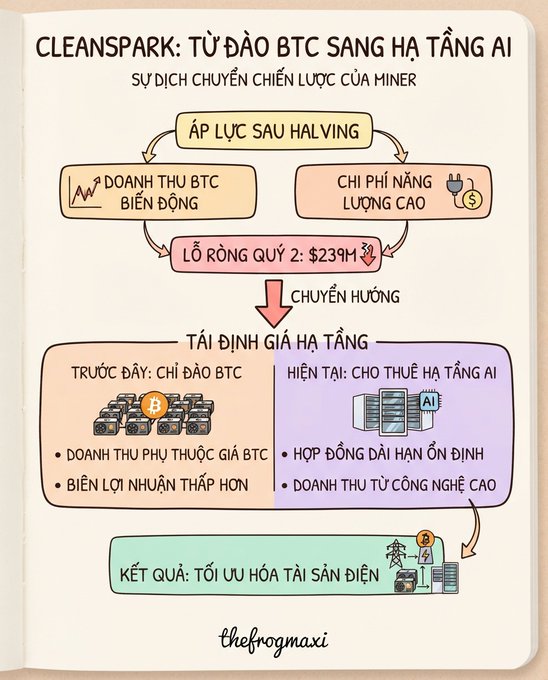 An infographic titled 'CLEANSPARK: TỪ ĐÀO BTC SANG HẠ TẦNG AI' detailing the strategic shift of a miner from BTC to AI infrastructure, mentioning a $239M loss and the brand 'thefrogmaxi'.