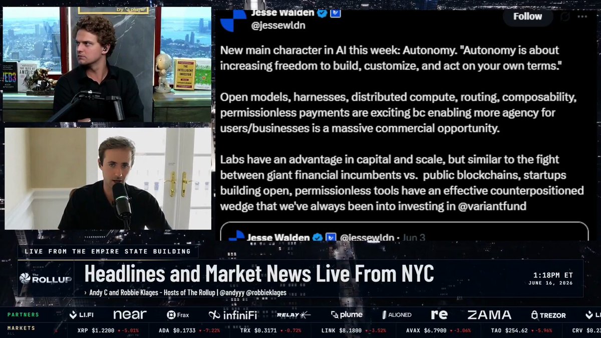 The image shows a conversation between two people, one of whom is named Jason Walker, who appears to be discussing an event on the news channel Headlines and Market News Live from NYC. They are talking about the market and Ethereum mainnet, specifically referring to a trading protocol that was popular in the past but may no longer be applicable on the Ethereum network due to certain changes or advancements in the cryptocurrency space. The post they are referencing is titled "Aerodrome was the number one trading protocol on Base".