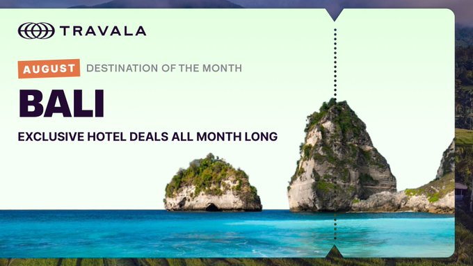 The image is a Travala promotional graphic featuring Bali's dramatic limestone cliffs and turquoise waters as the backdrop, with text reading "August Destination of the Month: BALI - Exclusive Hotel Deals All Month Long." The scenic beach imagery aligns with the post's invitation to escape to Bali with crypto-friendly hotel discounts.