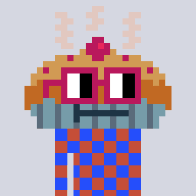 A pixel art character with large red-rimmed glasses, an orange and yellow patterned head covering, blue and orange checkered clothing, and steam-like symbols rising above, set against a gray background.