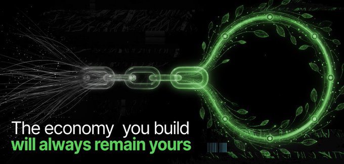 A graphic featuring a glowing green chain link forming a circular leaf wreath, alongside a metallic chain link, with text reading 'The economy you build will always remain yours.'