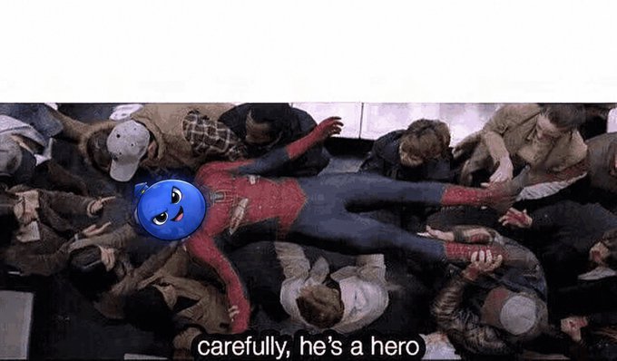A meme screenshot showing Spider-Man being passed over a crowd with a sad face emoji over his face and the caption 'carefully, he's a hero'.
