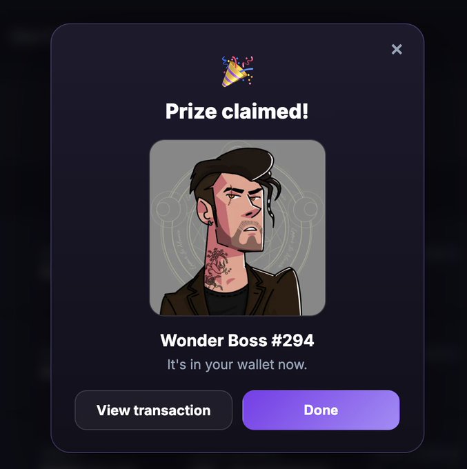 A dark pop-up window displays 'Prize claimed!' for 'Wonder Boss #294' featuring an illustrated character with dark hair, accompanied by 'View transaction' and 'Done' buttons.
