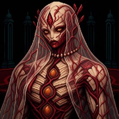 A dark fantasy illustration of a red, multi-eyed humanoid figure with a veiled head and vertical orange markings on its torso, set against a gothic background.