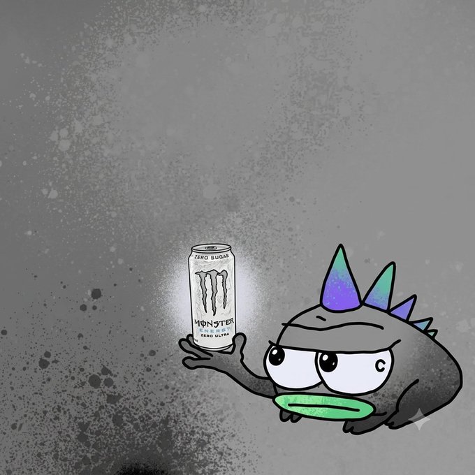 A cartoon drawing of a gray creature with colorful spikes holding a "MONSTER ZERO ULTRA ZERO SUGAR" energy drink can against a textured gray background.