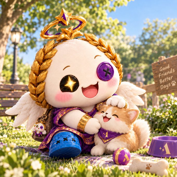An adorable chibi-style character with a golden crown, purple and gold outfit, a star-shaped eye, and an X-shaped eye, sitting in a grassy field with an orange cat wearing a purple bandana, near a sign reading 'Good Friends Better Days'.