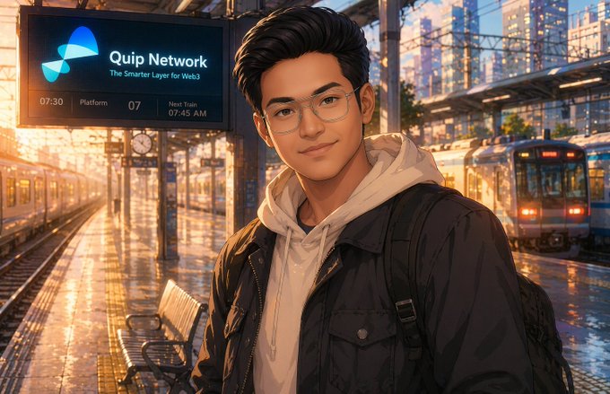 The image features a young man wearing glasses, standing at a train station with his backpack. He has a smile on his face as he looks directly into the camera. The background of the image shows a train track running through an urban setting, indicating that they are in a city or town. There is also a sign for Quip Network visible in the scene.