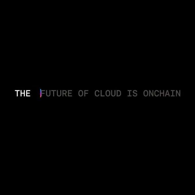 Minimalist black background with the text 'THE FUTURE OF CLOUD IS ONCHAIN' displayed in clean white and gray typography.
