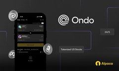 A dark-themed promotional graphic featuring the Ondo logo in glowing white text, displayed alongside what appears to be a stylized digital interface or trading platform mockup with circular design elements. The image visually represents Ondo's sophisticated liquidity execution model praised in the accompanying quote by Arush from Alpaca, emphasizing the platform's technical capabilities for large order execution with minimal slippage.