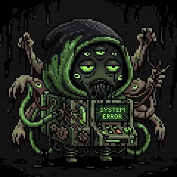A pixel art illustration of a green-hooded zombie-like character with multiple zombie hands emerging from behind it, displaying "SYSTEM ERROR" on its screen, set against a dark dripping background.