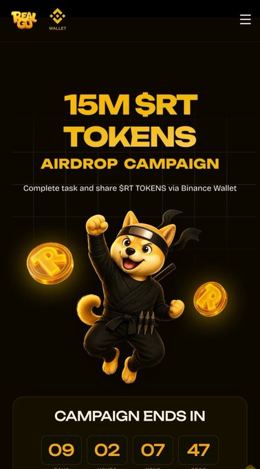 A '15M $RT TOKENS AIRDROP CAMPAIGN' banner features a cartoon dog ninja character holding coins, promoting completion of tasks via Binance Wallet with a countdown timer showing 9 days, 2 hours, 7 minutes remaining.