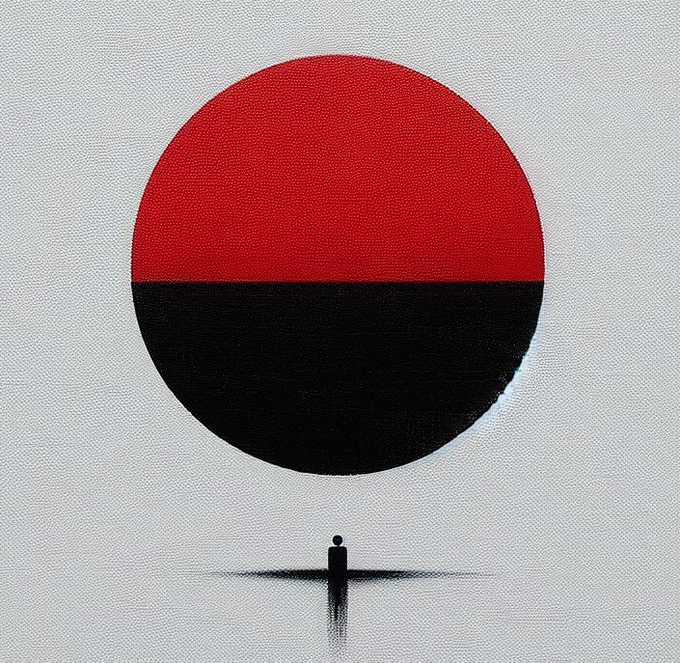 A minimalist artistic image of a tiny silhouetted figure standing beneath a large red and black circle, resembling the flag of Angola, on a textured gray background.
