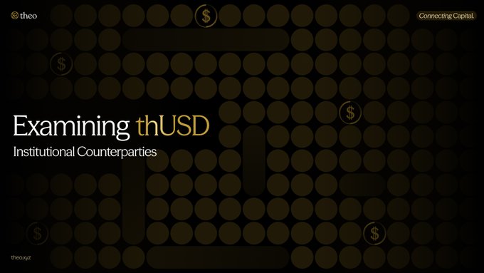 The image is a dark graphic from Theo featuring a dotted pattern background with dollar sign symbols, titled "Examining thUSD: Institutional Counterparties" with the "Connecting Capital" tag in the corner. The caption pairs with the post by visually introducing the breakdown of thUSD's institutional backing, setting the stage for the detailed discussion of regulated custodians, segregated accounts, and bankruptcy-remote structures highlighted in the text.