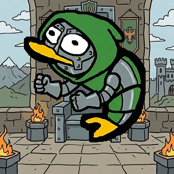 Cartoon illustration of an angry-looking character wearing green armor and a helmet, resembling a knight or mascot, in a castle setting with torches and banners.