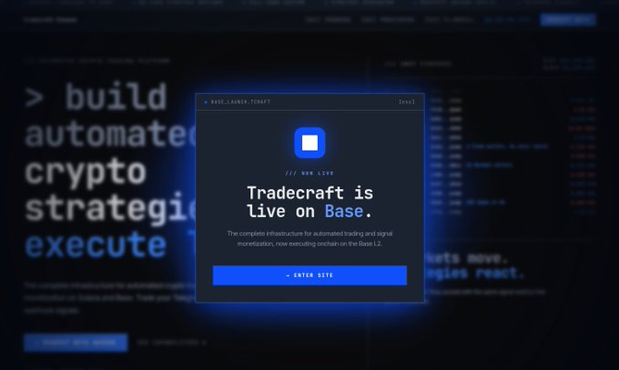 The image features a computer screen displaying a blue and black text display that says "Tradecraft is live on Base!". The words are arranged in a block format, with each letter slightly larger than the other, making them stand out against the white background of the screen. This message seems to be related to a webpage or application, as it's centered around the idea of Tradecraft being live on base and includes details about its functionalities such as signal lab integration, messaging apps support, and JavaScript testing.