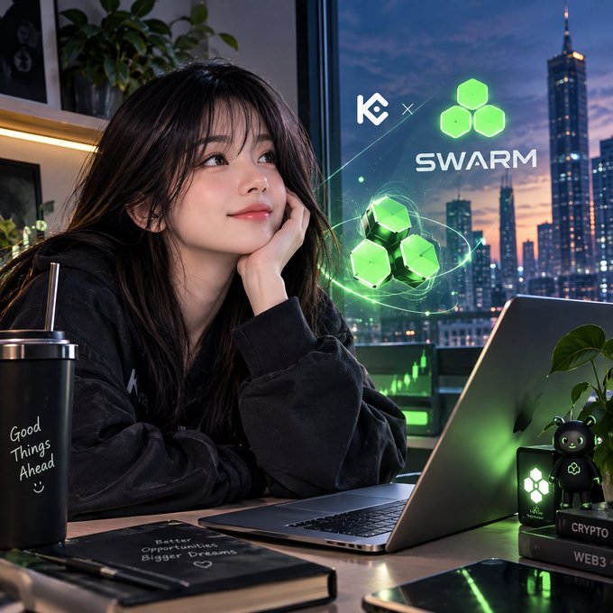 A young woman rests her chin on her hand, looking upward while sitting at a desk with a laptop; a tumbler reads 'Good Things Ahead' and a digital overlay shows 'KC x SWARM' with glowing green hexagons.