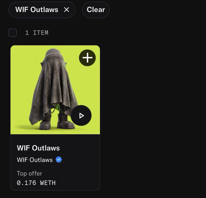 A digital marketplace interface showing a search for "WIF Outlaws" displaying one item—a cloaked figure NFT with a top offer of 0.176 WETH.