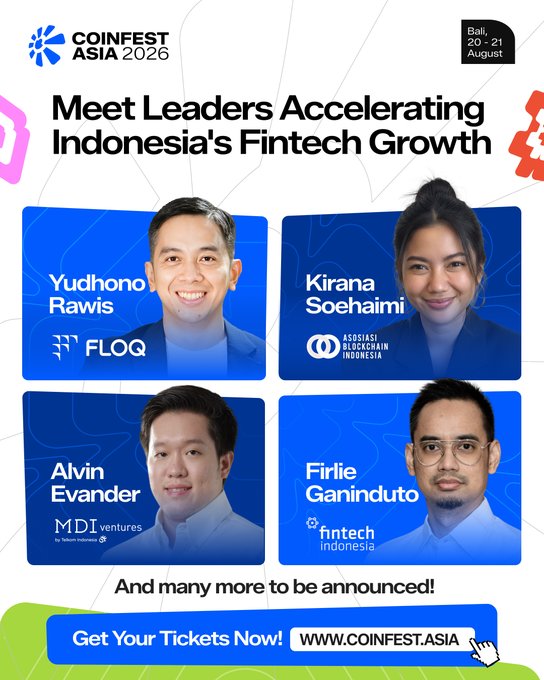 A promotional poster for 'COINFEST ASIA 2026' in Bali on 20-21 August, featuring leaders accelerating Indonesia's fintech growth, including Yudhono Rawis, Kirana Soehaimi, Alvin Evander, and Firlie Ganinduto.