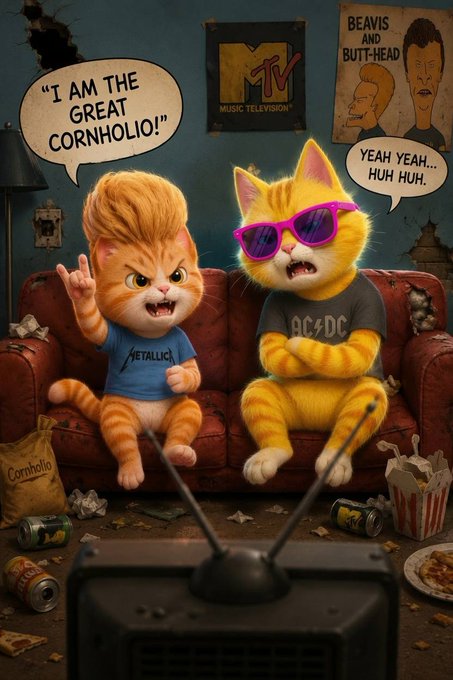 The image features two cartoon cats sitting on a couch, both wearing sunglasses and t-shirts with the word "cornhole" written on them. They are surrounded by various objects such as a TV, popcorn, soda cans, and a bag of chips. The background includes posters related to the popular TV show "Beavis and Butch Head". The image also contains text that reads: "I AM THE GREAT VIBEHOLIO! Yeah yeah... hey huh? Hey you guys ready to rock the chaos?".