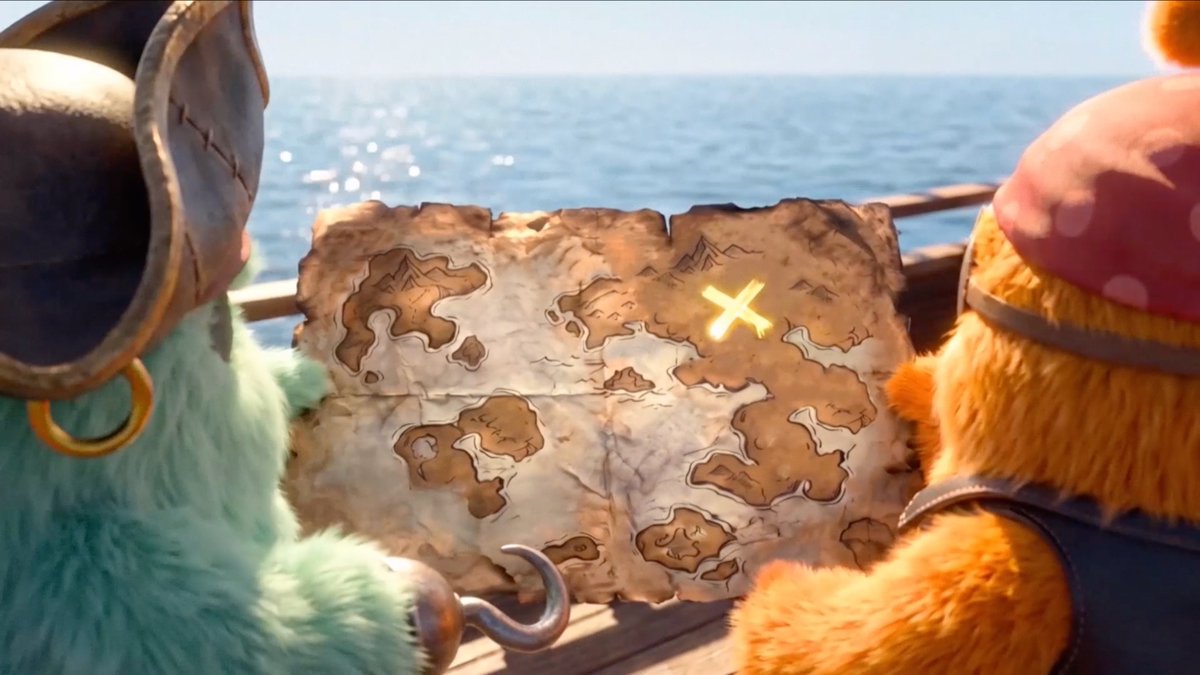 Two furry pirate characters looking at a treasure map with a glowing yellow X marking a spot, standing on what appears to be a ship deck with the ocean in the background.