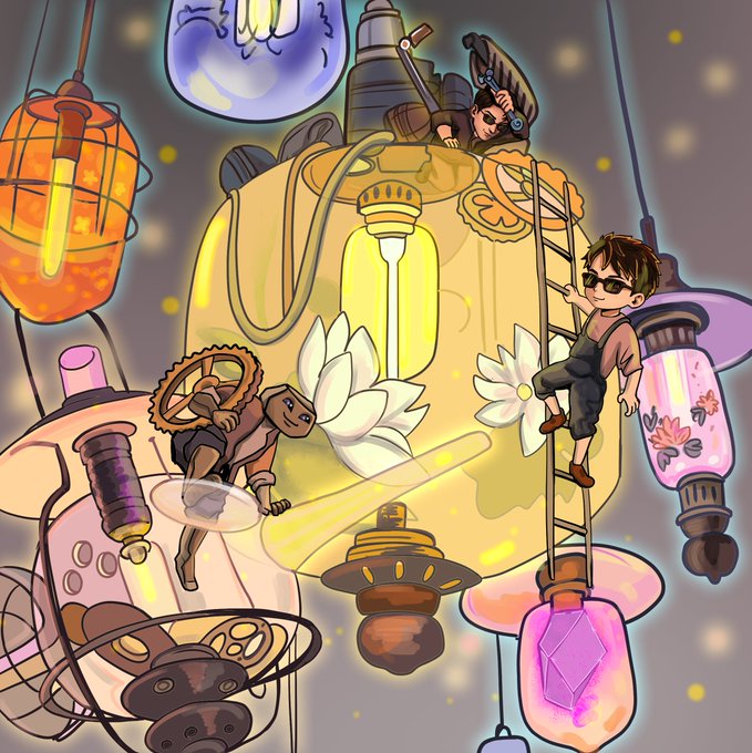 The image features a cartoon illustration of three people standing under a lamp with a yellow base and multiple lights hanging from it. The scene includes a clock, a light bulb, and a bunch of lamps that are all connected together. The main focus is on the lamp itself, which has an interesting design featuring a lot of lights attached to it. This unique lamp serves as a central element in the image, with its lights illuminating the area around it.