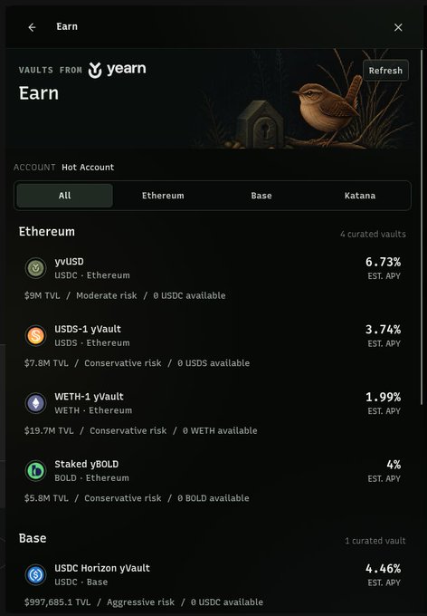 A screenshot of the Yearn Finance 'Earn' interface showing curated vaults across Ethereum and Base networks, including yvUSD (6.73% APY), USDS-1 yVault (3.74% APY), WETH-1 yVault (1.99% APY), Staked yBOLD (4% APY), and USDC Horizon yVault (4.46% APY).