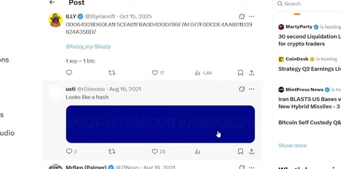 The image shows an X post by user ILLY (@illyriamnft) from Oct 15, 2025, replying to @fuzzy_xrp with the text "fuzzy," followed by an embedded older post by "usti" (rlll00000) from Aug 16, 2021 stating "Looks like a hash," which displays a blue-screened video thumbnail. The exchange references the Japanese word ファジー ("fuzzy") from the accompanying post and appears to playfully connect to ExtraVOD's mention of feeling "fuzzy" on the XRPL.