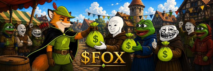 A cartoon-style Robin Hood fox character trades green money bags marked with "$" alongside trollface and Pepe meme figures in a medieval market, with the "$FOX" token name prominently displayed in gold lettering beneath them, visually representing the Robinhood Chain narrative and meme coin culture highlighted in the post.