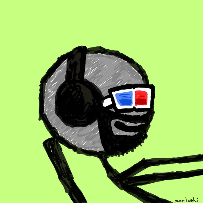 A crudely drawn stick figure wearing a bearded grin and red-and-blue 3D glasses smiles against a green background, signed "sartoshi," fitting the "+1 closing in on 60 stick figures" milestone post.