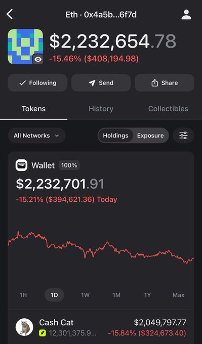 A mobile wallet interface showing an Ethereum address (0x4a5b...6f7d) with a balance of $2,232,654.78, down 15.46%, holding Cash Cat tokens valued at $2,049,797.77.