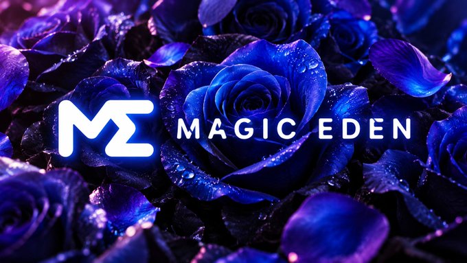 The "MAGIC EDEN" logo with its distinctive "MΣ" symbol is displayed in glowing white text over a background of deep blue roses with water droplets.